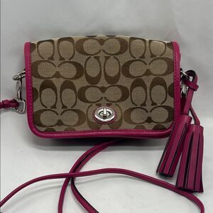 Coach Legacy Signature Penny Small Crossbody Bag Purse in Khaki and Berry